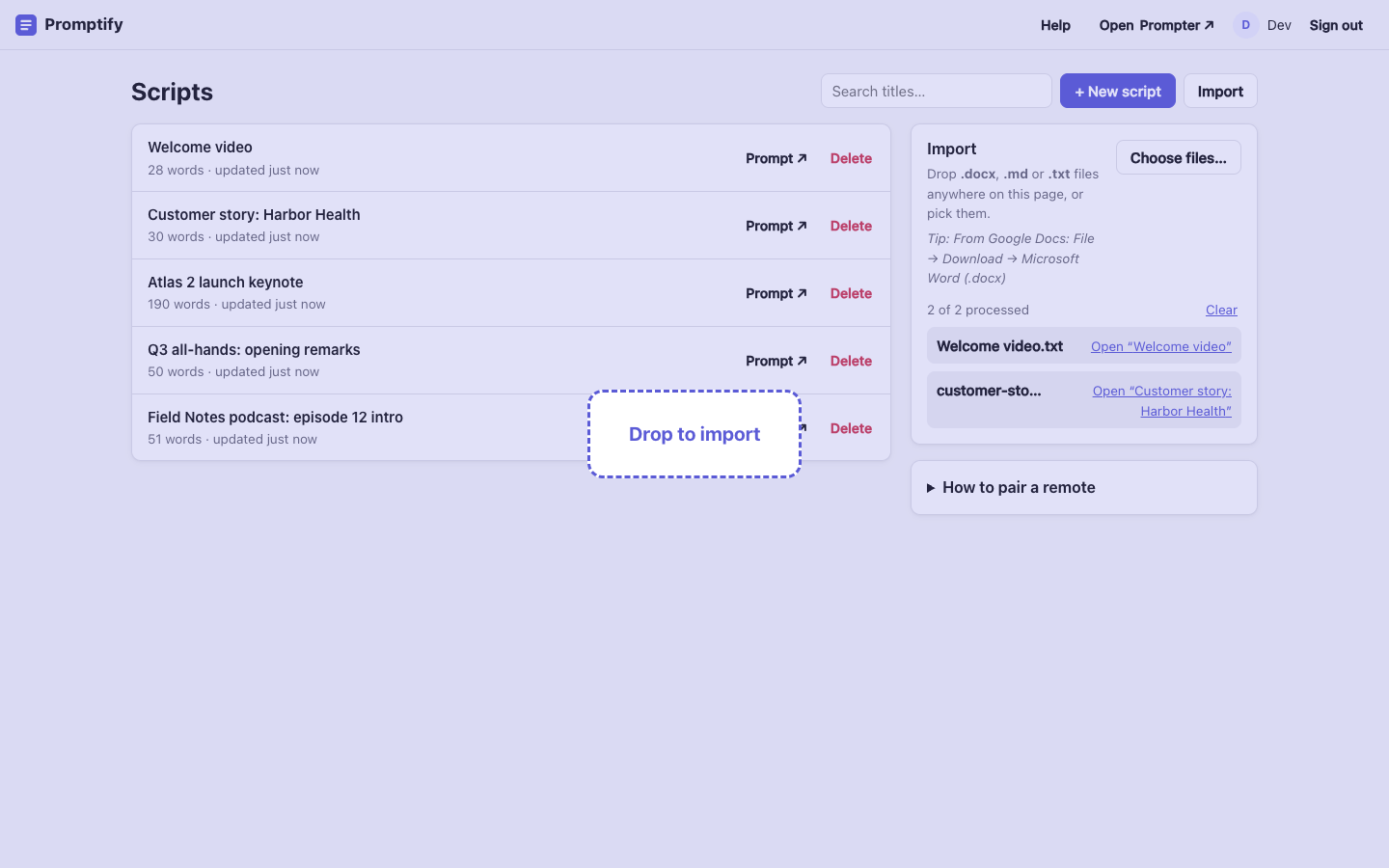 Dropping a file anywhere on the library page