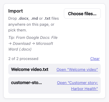 The Import panel after importing a Markdown and a text file